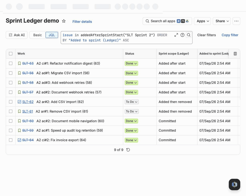 The Jira issue navigator running issue in addedAfterSprintStart("SLT Sprint 2") with nine results, then the Sprint scope, Added to sprint, Sprint start, Sprint end and Sprints carried columns, then a query over the Sprint start and Sprint scope fields returning 40 issues